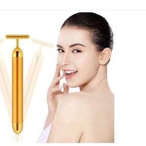 Beauty Bar 24k 金色護膚臉部按摩器滾輪,2 合 1 電動 3D 滾輪和 T 形能量美容棒,適用於臉部提拉和緊緻肌膚